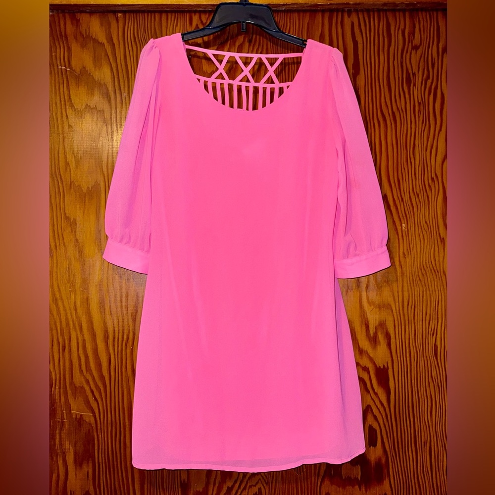 HeartSoul Bright Pink Long Sleeve Shift Dress with Lattice Back Detail